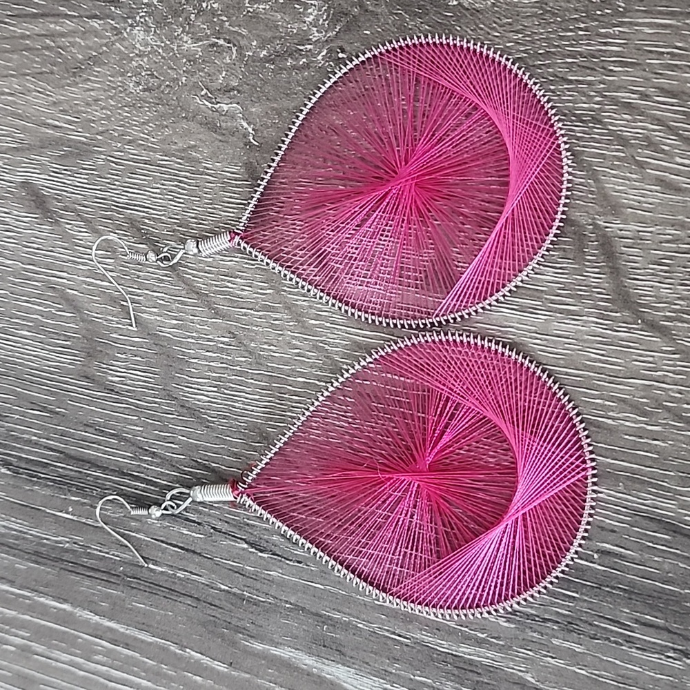 Hot Barbie Pink Silk Wrapped Teardrop Shaped Dangle Earrings
